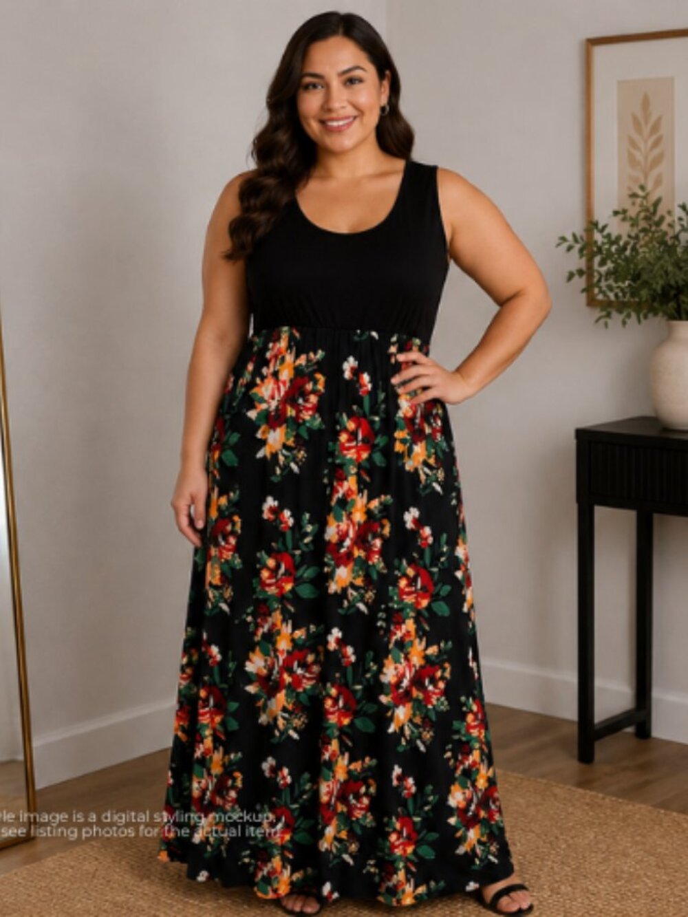 Classic Fashion XXL Black Floral Sleeveless Maxi Dress NWT Empire Waist Summer